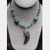 Organic, tribal fold form turquoise gemstone bronze crescent moon pendant with t