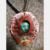 Copper mixed metal large fold form cocoon pendant with turquoise