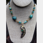 Organic, tribal fold form turquoise gemstone bronze crescent moon pendant with t