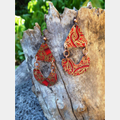 Red and goldtone recycled vintage tin dangle earrings