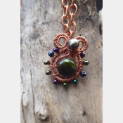 Copper and fresh water pearls in green tones pendant Pearly Girl