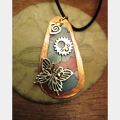 Recycled tin copper pendant with butterfly, gear, heart