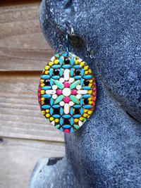 Colorful dangle statement earrings from recycled vintage tin