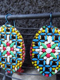 Colorful dangle statement earrings from recycled vintage tin