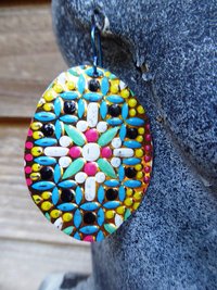 Colorful dangle statement earrings from recycled vintage tin