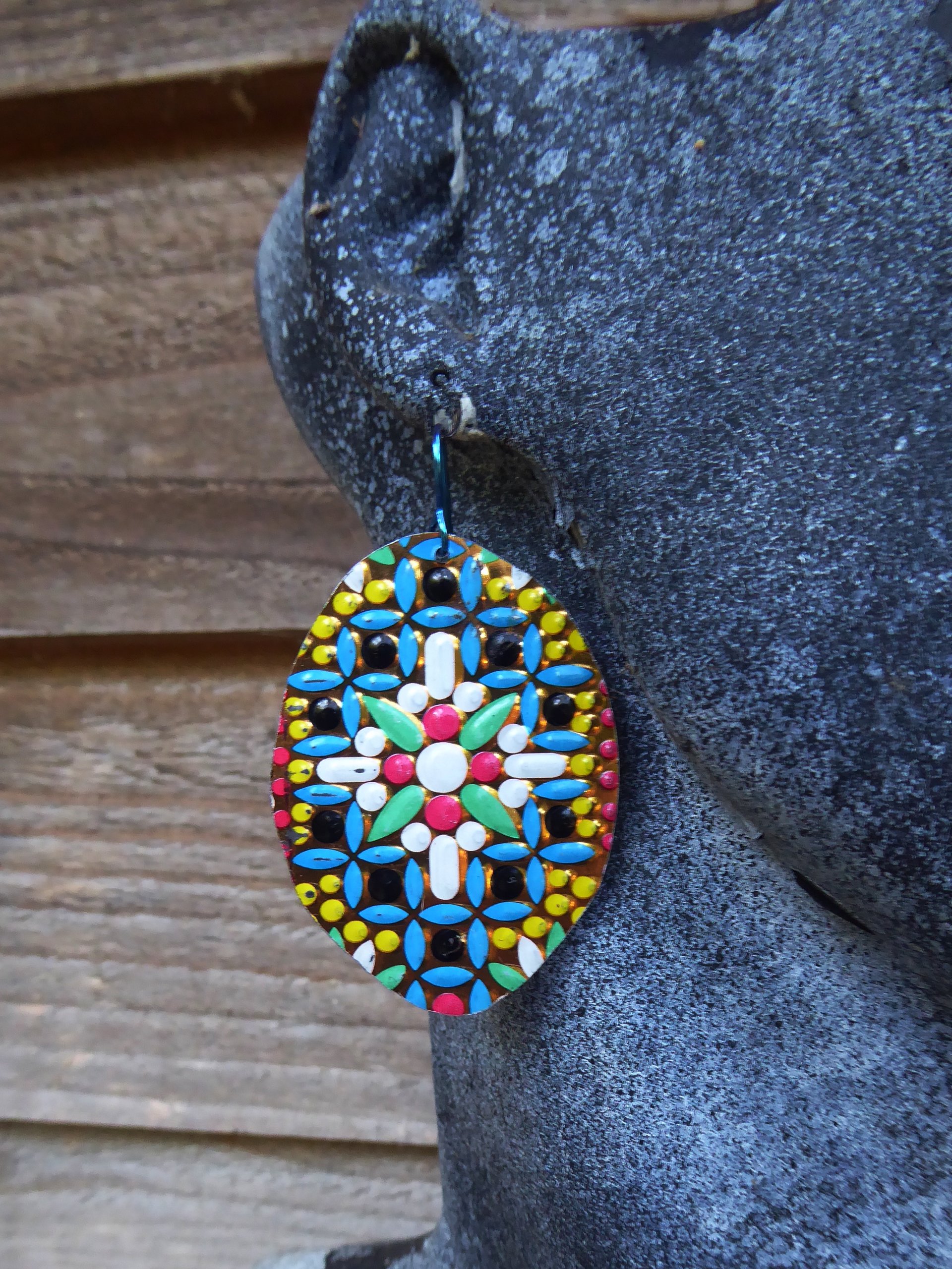 Colorful dangle statement earrings from recycled vintage tin