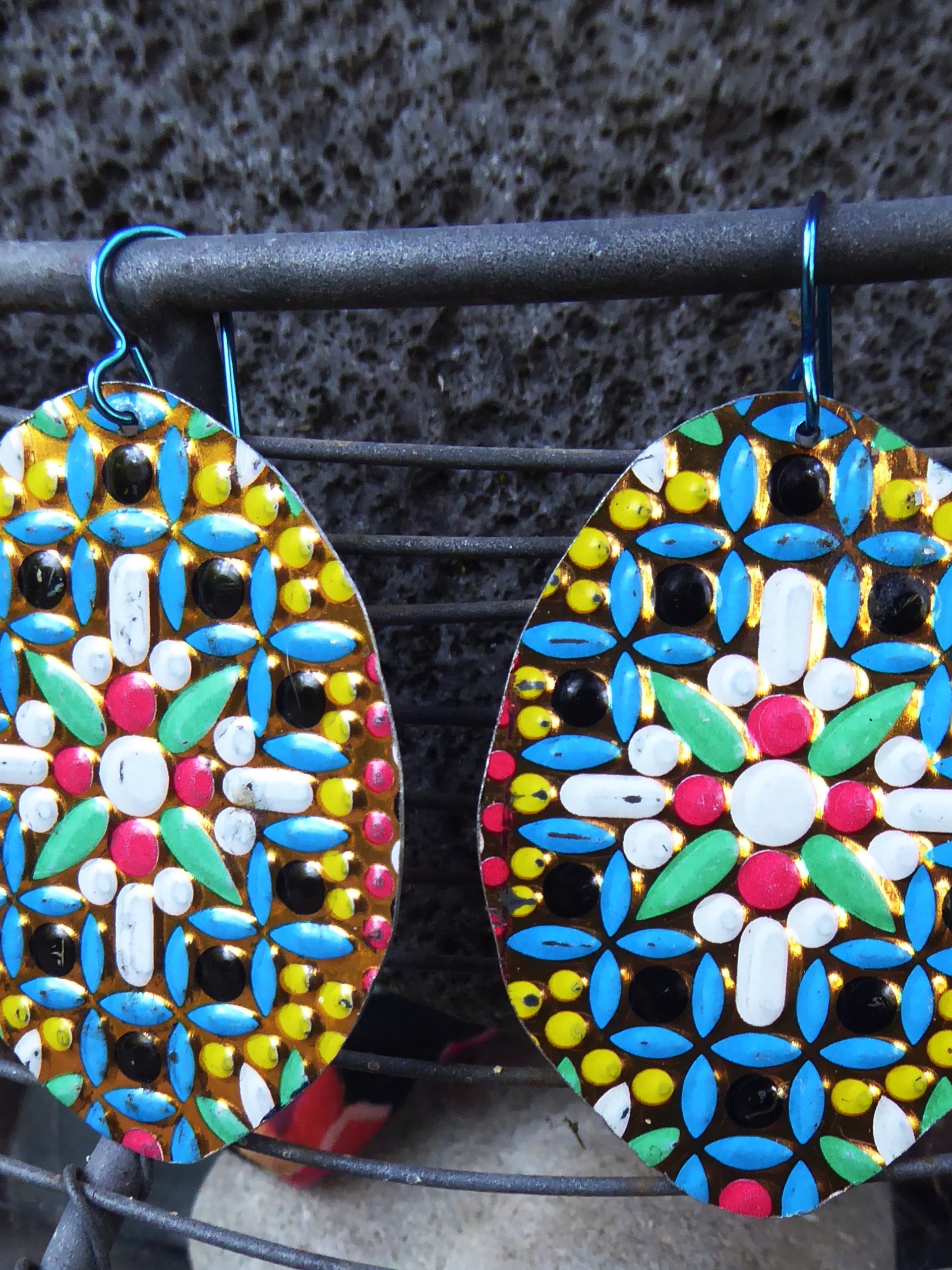 Colorful dangle statement earrings from recycled vintage tin