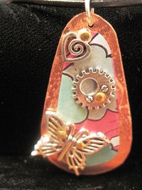 Recycled tin copper pendant with butterfly, gear, heart