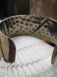Tribal German silver fold form forged textured primative cuff bracelet