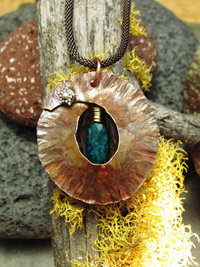 Fold form tribal pendant with azurite with malachite gemstone
