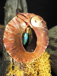 Fold form tribal pendant with azurite with malachite gemstone