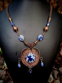 Mixed metal heart shaped pendant with recycled vintage tin, sodalite, statement