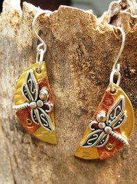 Mixed metal dragonfly half moon dangle earrings