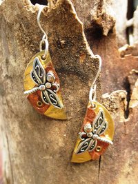 Mixed metal dragonfly half moon dangle earrings