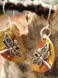 Mixed metal dragonfly half moon dangle earrings