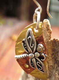 Mixed metal dragonfly half moon dangle earrings