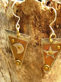 Mixed metal dangle earrings celestial star and moon