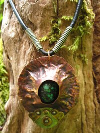 Copper mixed metal large fold form cocoon pendant with turquoise