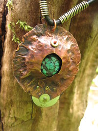 Copper mixed metal large fold form cocoon pendant with turquoise