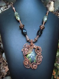 Green and Black Epidote Cabochon copper wire weave pendant with onyx and viking