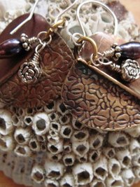 Tribal fold form bronze pearl and sterling earrings