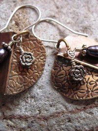 Tribal fold form bronze pearl and sterling earrings