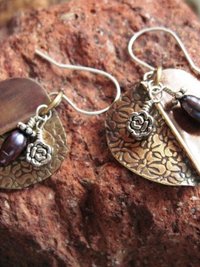 Tribal fold form bronze pearl and sterling earrings