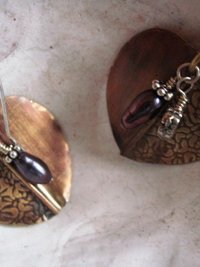 Tribal fold form bronze pearl and sterling earrings