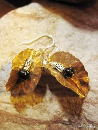 Tribal fold form bronze leaf earrings with sterling and black onyx