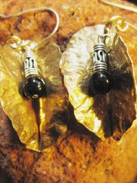 Tribal fold form bronze leaf earrings with sterling and black onyx