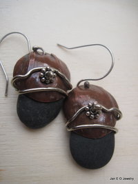 Natural beach stone and copper Om rock earrings