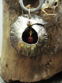 Fold form jasper gemstone and German silver cocoon pendant