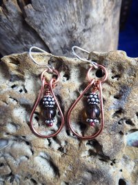Smoky quartz gemstone drop dangles with copper and silver hoop earrings healing