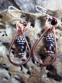 Smoky quartz gemstone drop dangles with copper and silver hoop earrings healing