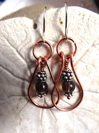 Smoky quartz gemstone drop dangles with copper and silver hoop earrings healing