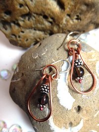 Smoky quartz gemstone drop dangles with copper and silver hoop earrings healing