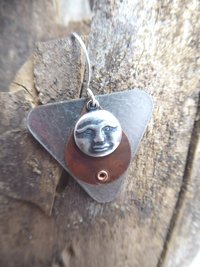 Mixed metal moon face dangle earrings copper and German silver