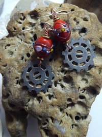 Geared up steampunk orange lampwork dangle earrings