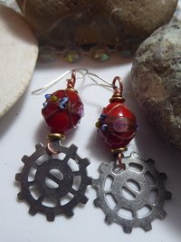 Geared up steampunk orange lampwork dangle earrings