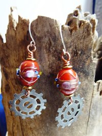 Geared up steampunk orange lampwork dangle earrings