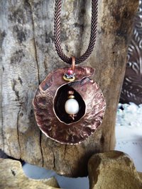 Freshwater pearl and Copper Fold Form Cocoon Tribal Pendant