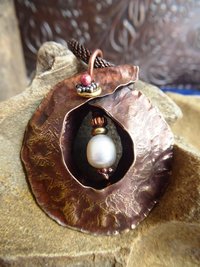 Freshwater pearl and Copper Fold Form Cocoon Tribal Pendant
