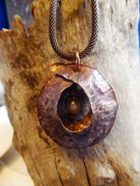 Freshwater pearl and Copper Fold Form Cocoon Tribal Pendant
