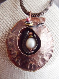 Freshwater pearl and Copper Fold Form Cocoon Tribal Pendant