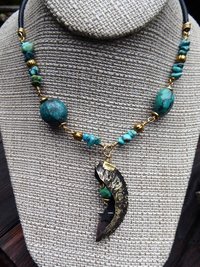 Organic, tribal fold form turquoise gemstone bronze crescent moon pendant with t