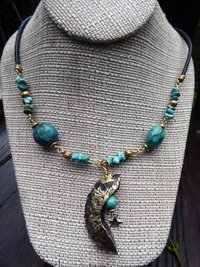 Organic, tribal fold form turquoise gemstone bronze crescent moon pendant with t
