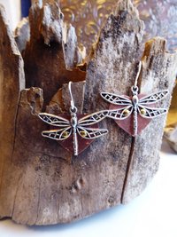 Mixed metal dangle dragonfly earrings with a copper heart