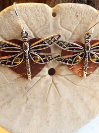 Mixed metal dangle dragonfly earrings with a copper heart