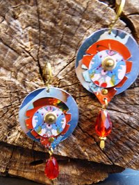 Trashy Tinsel dangle tin earrings in reds and blues