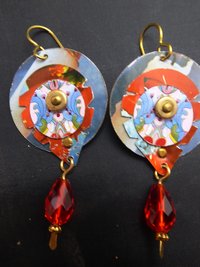 Trashy Tinsel dangle tin earrings in reds and blues
